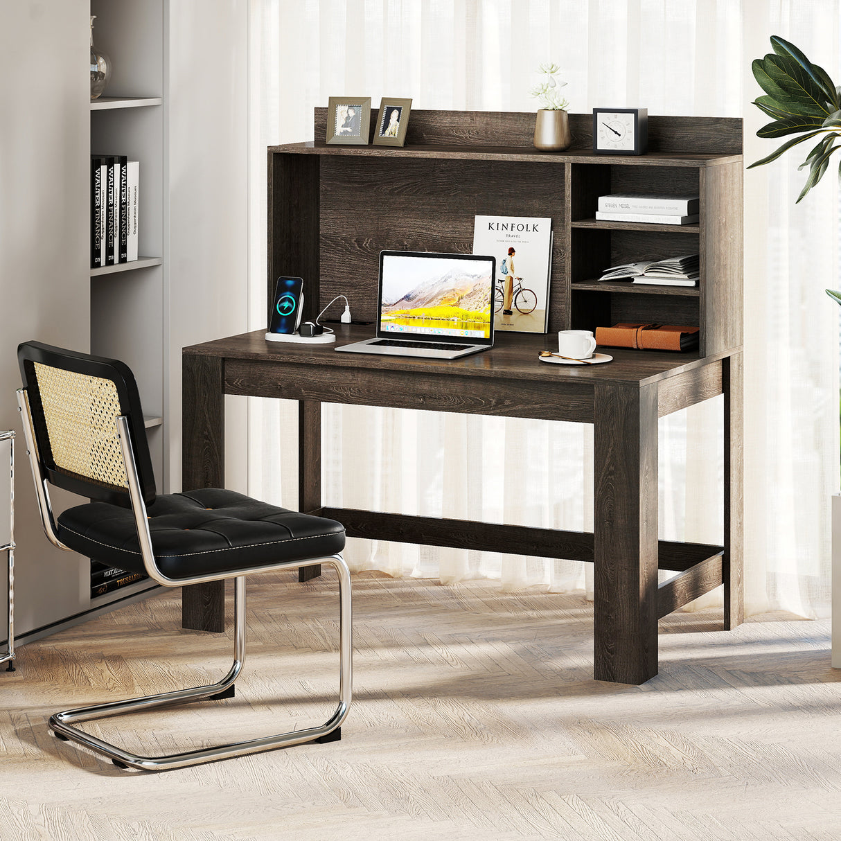 Modern Computer Desk with Hutch and Storage Shelves