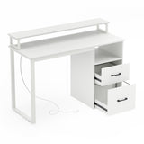 Modern Computer Desk with Power Outlets and File Drawer-White