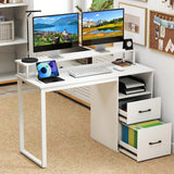 Modern Computer Desk with Power Outlets and File Drawer-White