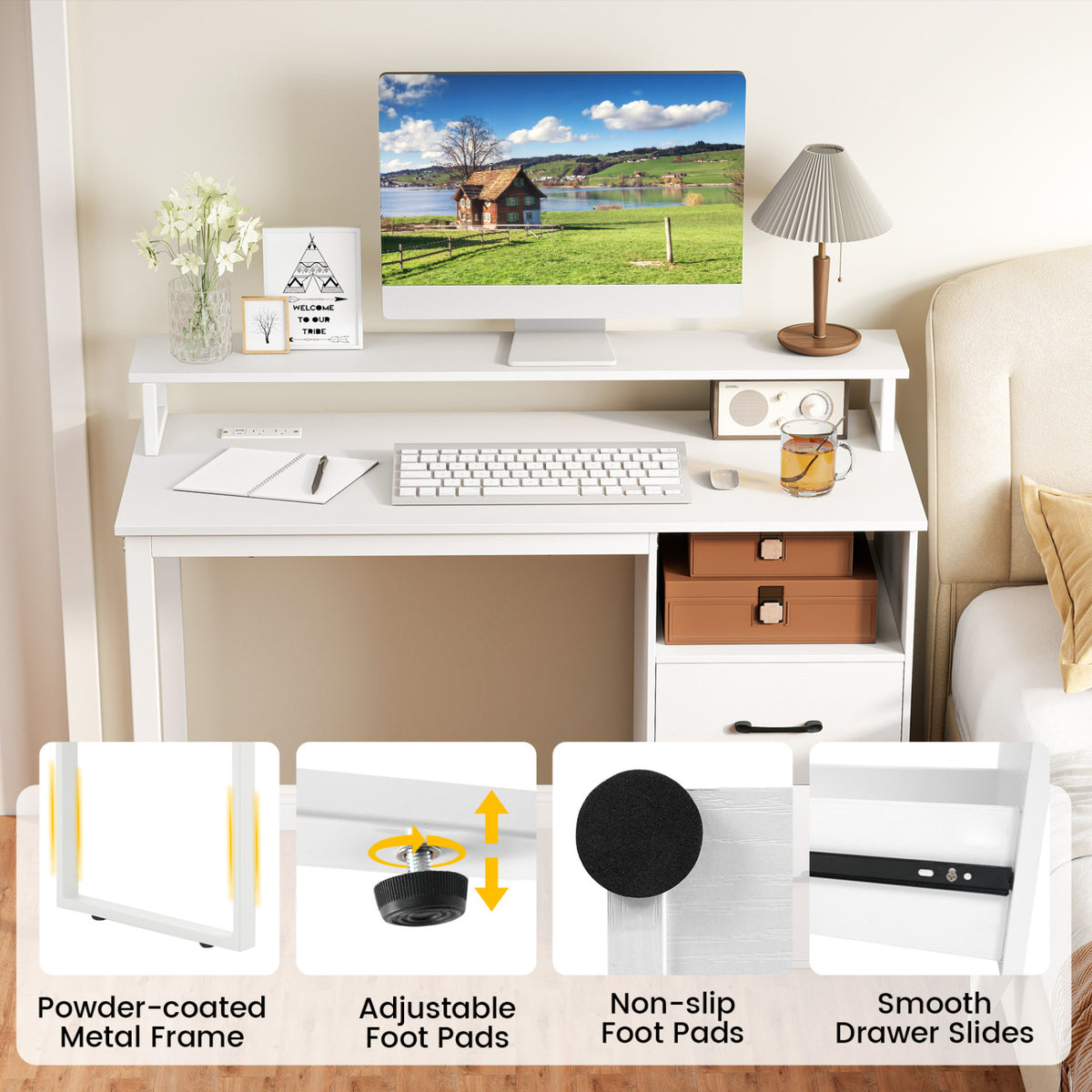 Modern Computer Desk with Power Outlets and File Drawer-White