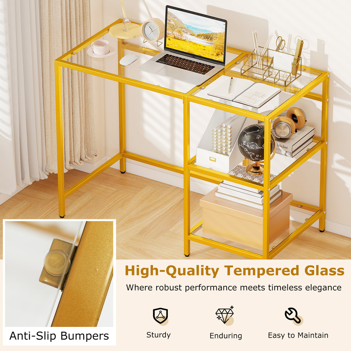 Modern Console Table with 2 Open Shelves and Metal Frame