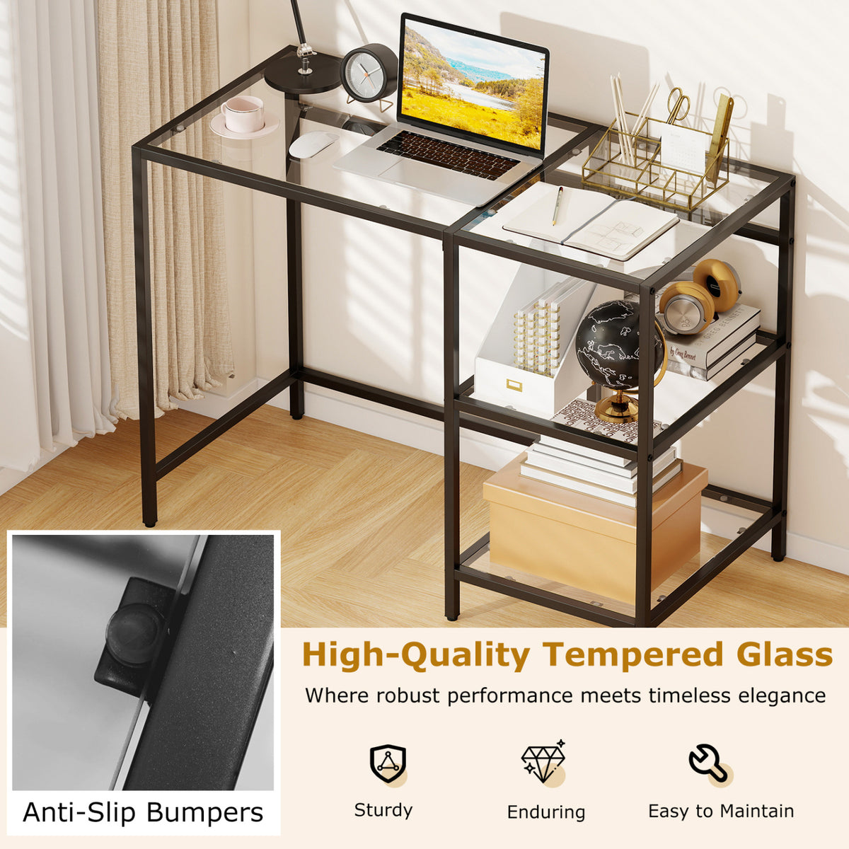Modern Console Table with 2 Open Shelves and Metal Frame
