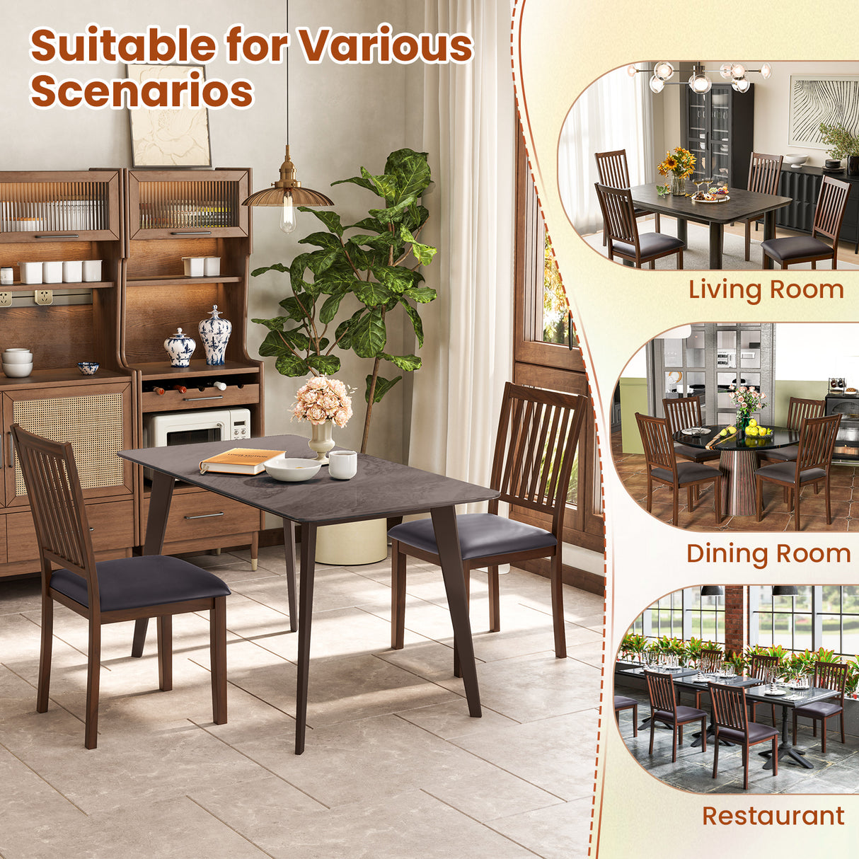 Upholstered Modern Dining Chair Set of 2 with Slanted High Backrest-Brown