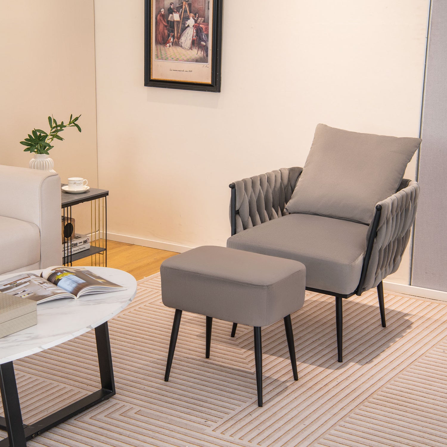 Modern Dutch Velvet Accent Chair and Ottoman Set with Weaved Back and Arms