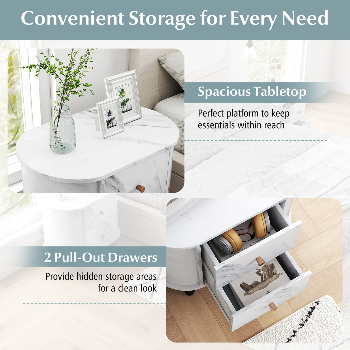 2-Drawer Nightstand Modern Faux Marble Bedside Table with Storage-White