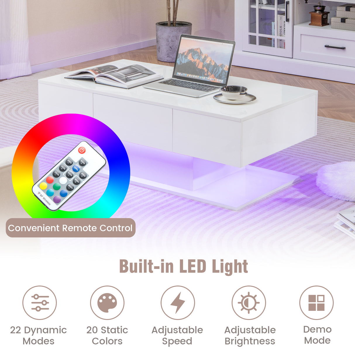 Modern LED Coffee Table with 20 Color LED Lights and 2 Storage Drawers