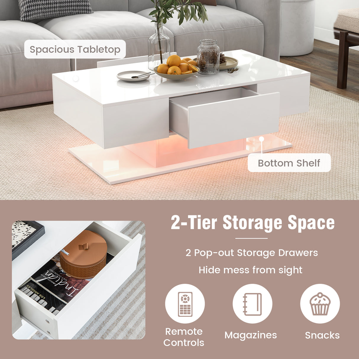 Modern LED Coffee Table with 20 Color LED Lights and 2 Storage Drawers