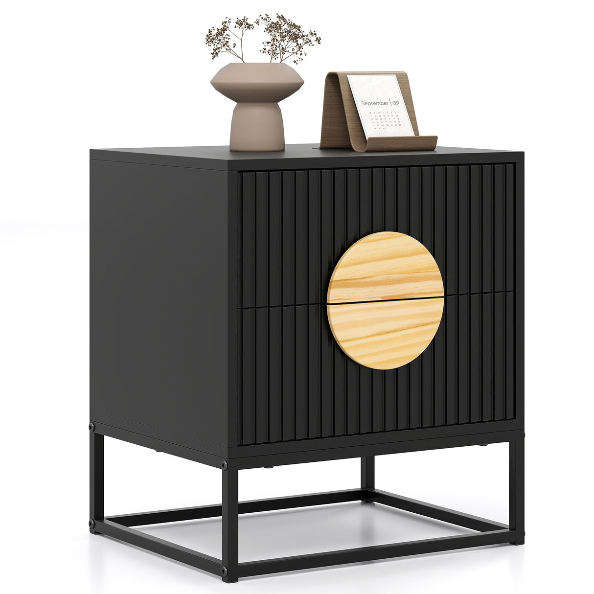 Modern Mid Century Fluted Nightstand with 2 Drawers and Pine Wood Handles for Bedroom