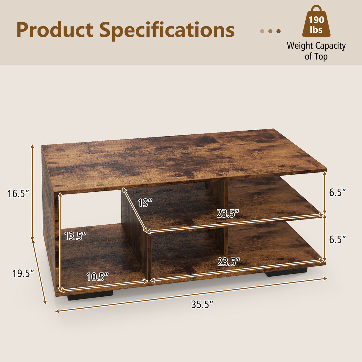 Rectangular Coffee Table with L-shaped Middle Shelf