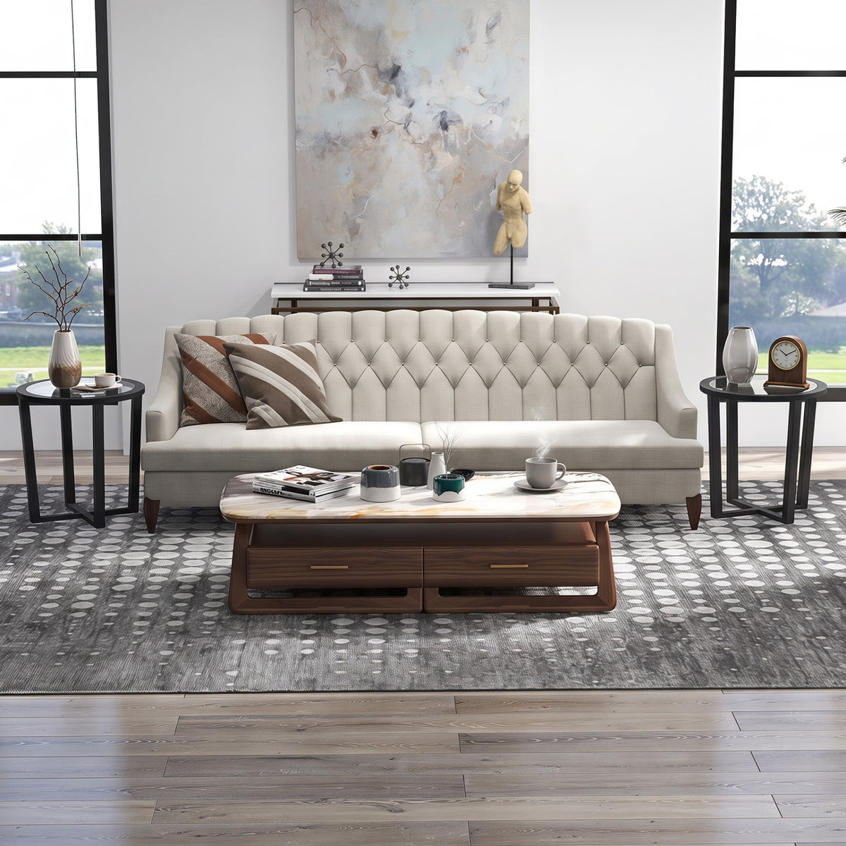 Modern Round End Table Sofa Side Table with Transparent Tempered Glass Top