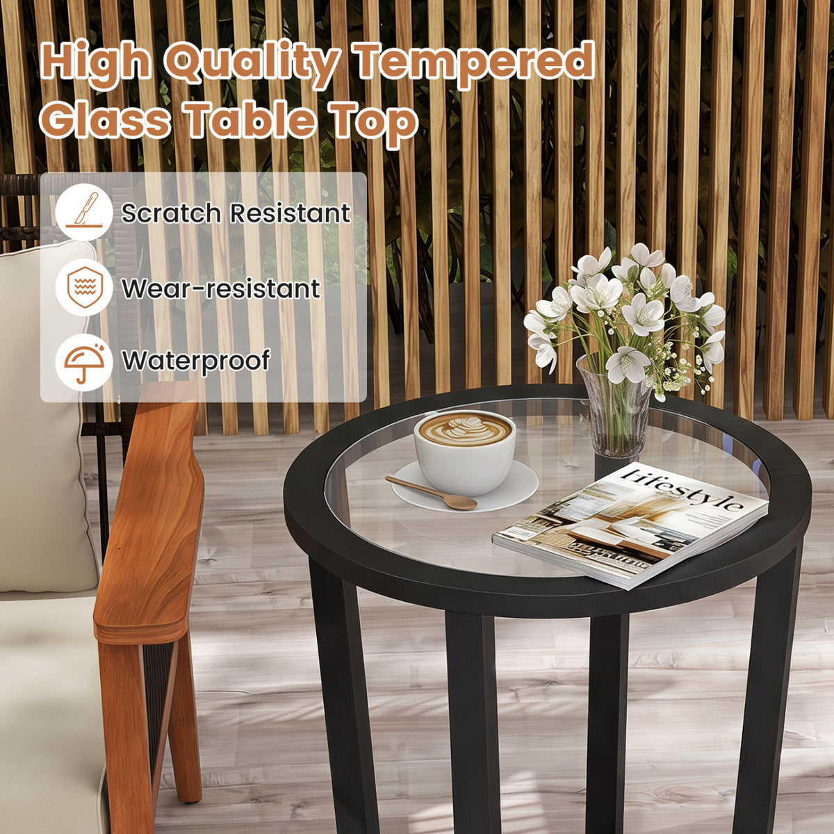 Modern Round End Table Sofa Side Table with Transparent Tempered Glass Top