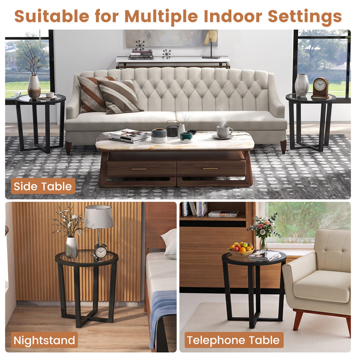 Modern Round End Table Sofa Side Table with Transparent Tempered Glass Top