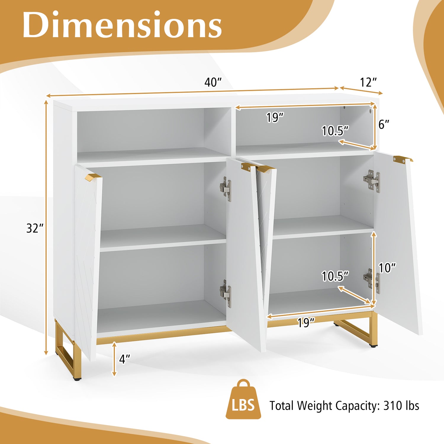 Modern Sideboard Cabinet with 4 Doors and Adjustable Shelves-White