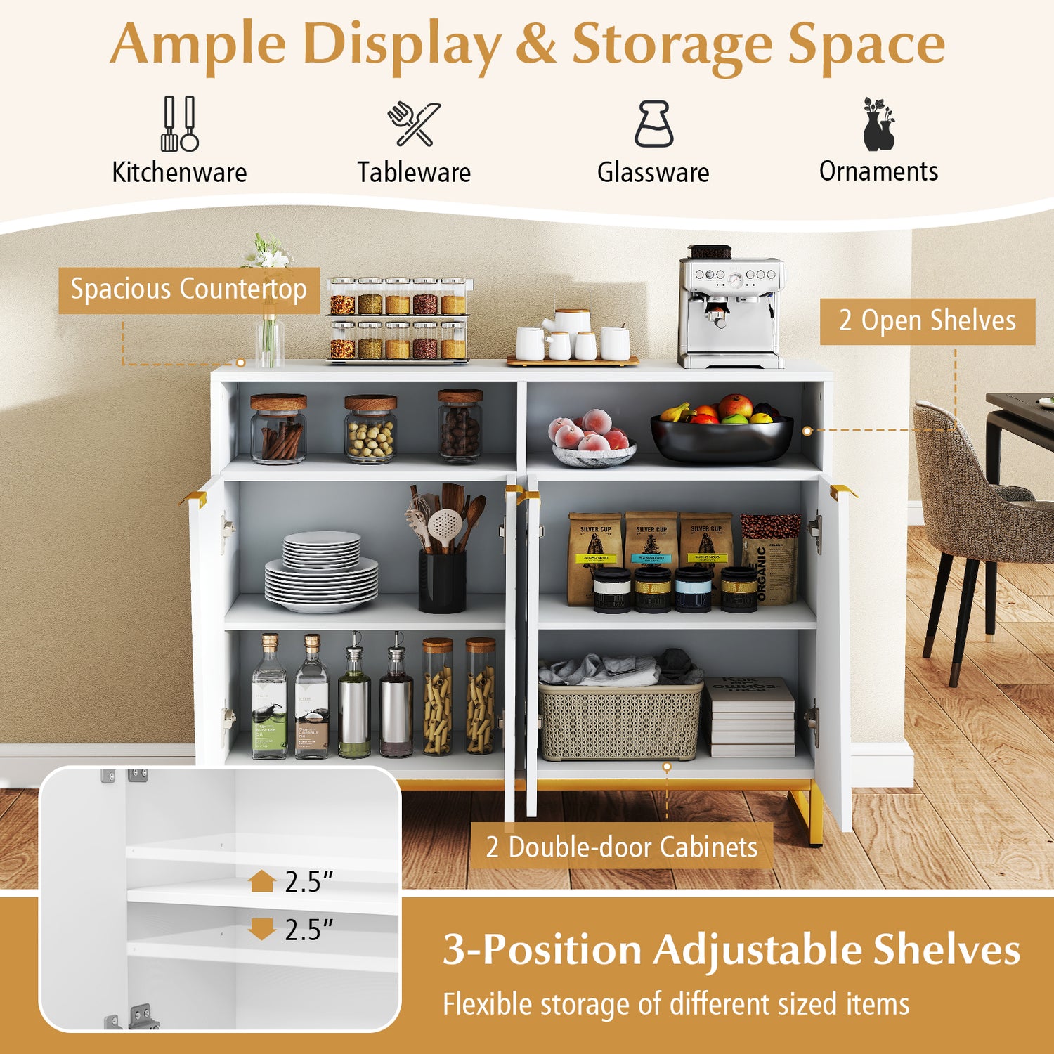 Modern Sideboard Cabinet with 4 Doors and Adjustable Shelves-White
