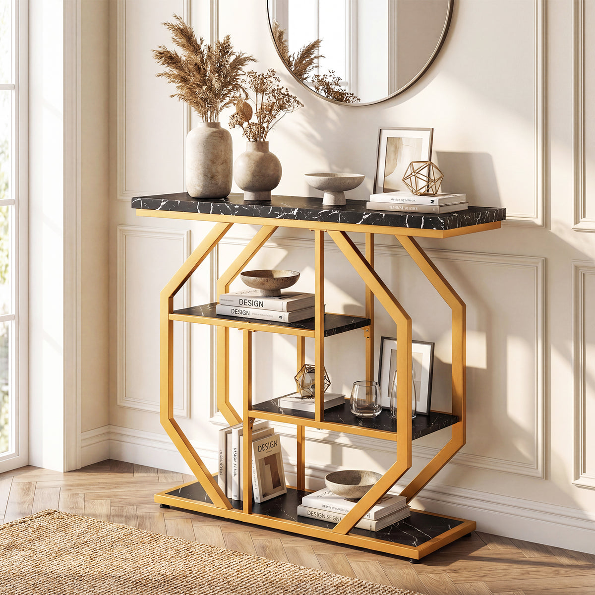 Modern Sofa Table Behind Couch 4-Tier Console Table with Faux Marble Tabletop-Black