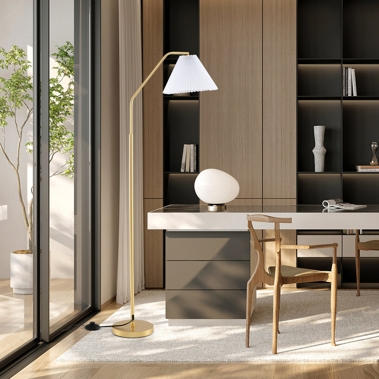 Modern Standing Lamp with Adjustable Lamp Head and Pleated Lampshade
