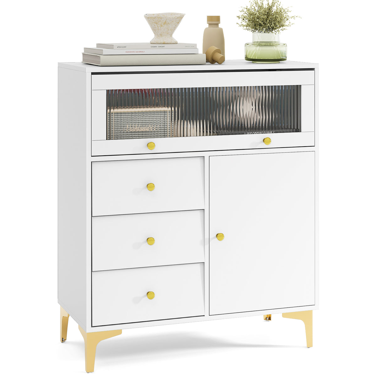Chest of Drawers with Flip Up Fluted Glass Door for Bedroom Kitchen-Gray