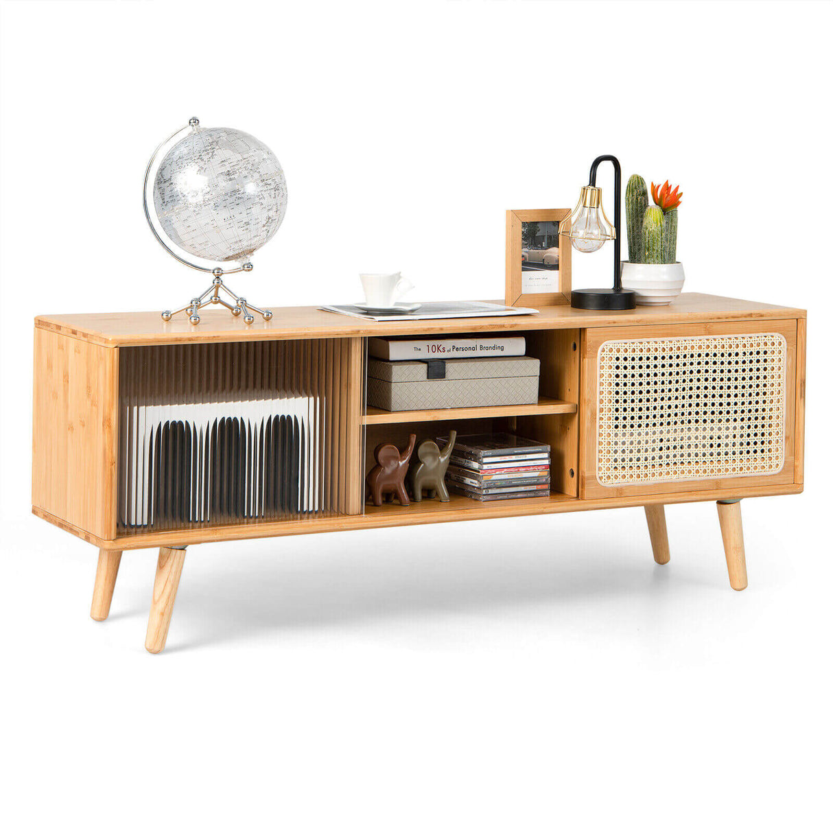Modern TV Stand with Rattan Glass Sliding Doors