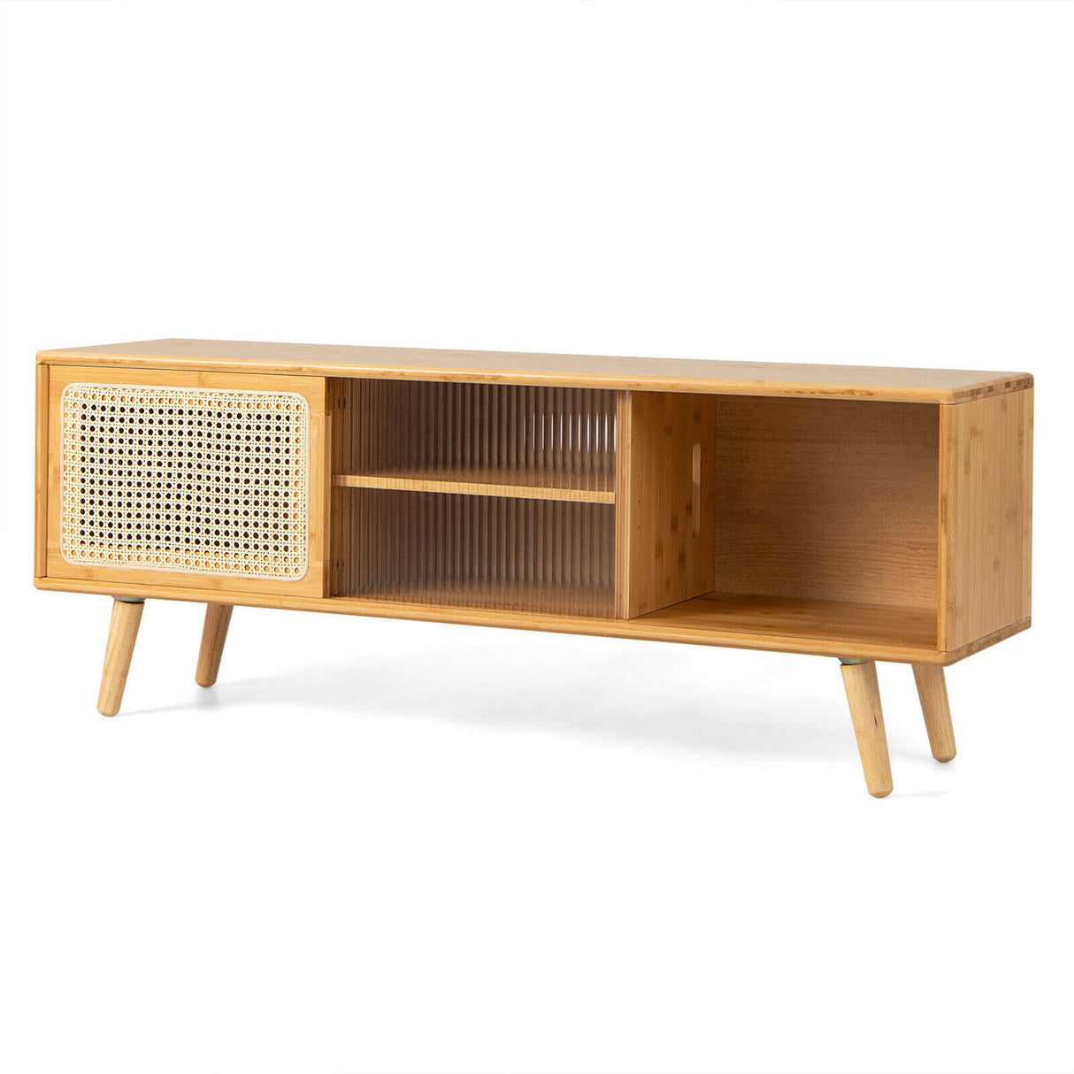Modern TV Stand with Rattan Glass Sliding Doors