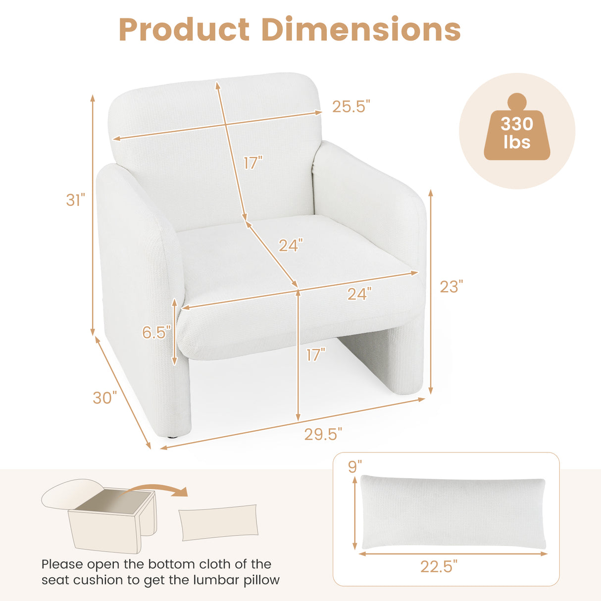 Modern Upholstered Chenille Accent Chair with Removable Lumbar Pillow-White