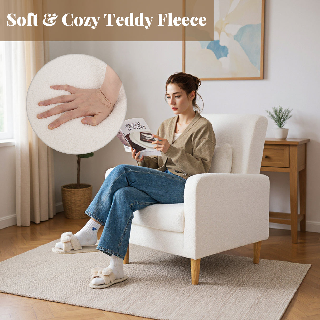 Modern Upholstered Sofa chair with Lumbar Pillow and Teddy Fleece Cover-White