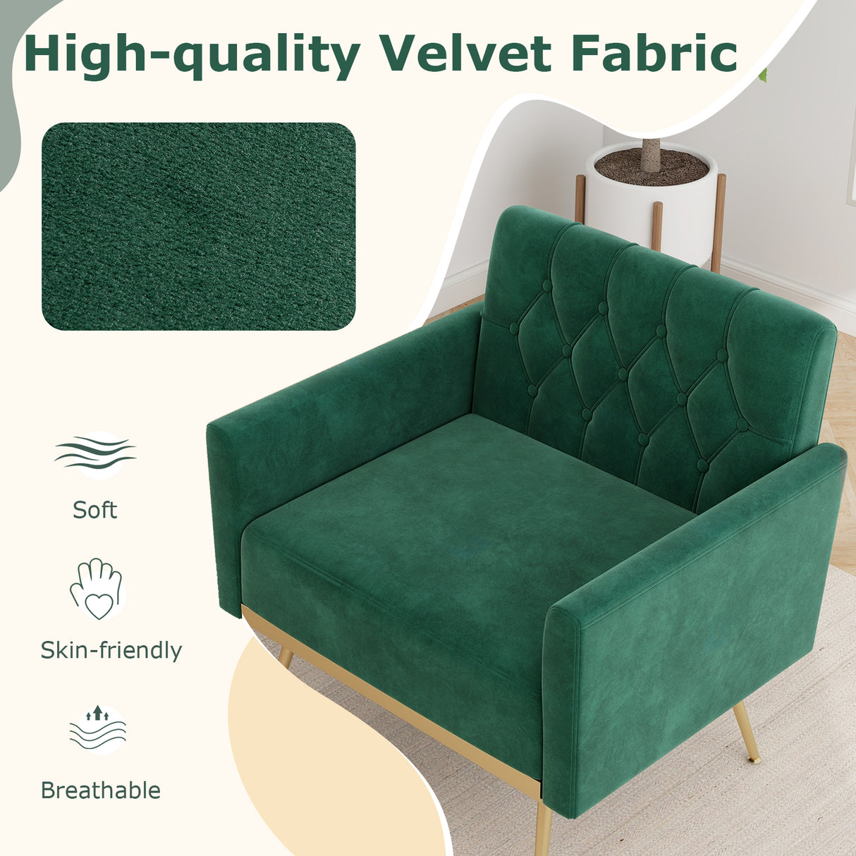 Modern Velvet Accent Chair with Button Tufted Back Golden Metal Legs and Adjustable Foot Pads