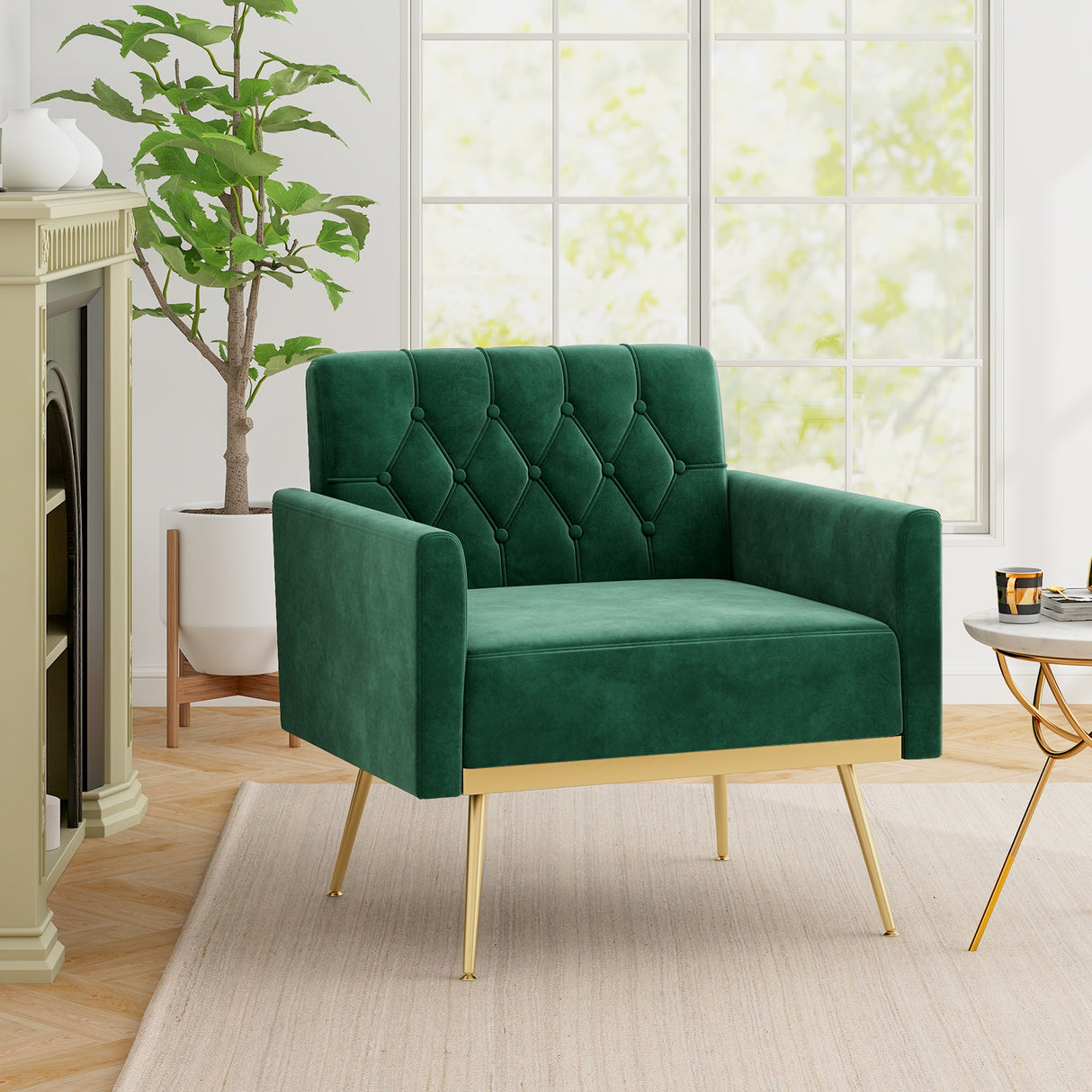 Modern Velvet Accent Chair with Button Tufted Back Golden Metal Legs and Adjustable Foot Pads