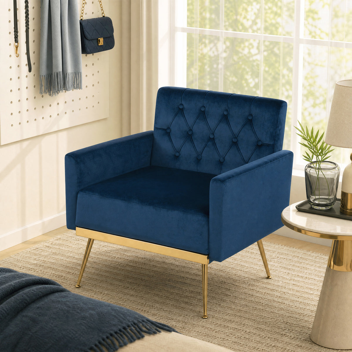 Modern Velvet Upholstered Accent Chair with Button-Tufted Back and Adjustable Feet
