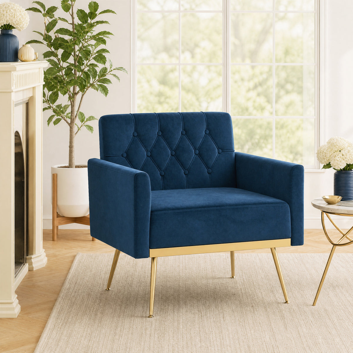 Modern Velvet Upholstered Accent Chair with Button-Tufted Back and Adjustable Feet