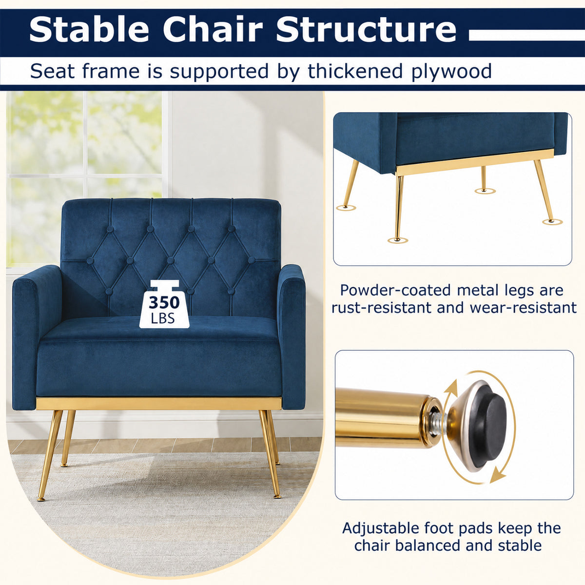 Modern Velvet Upholstered Accent Chair with Button-Tufted Back and Adjustable Feet