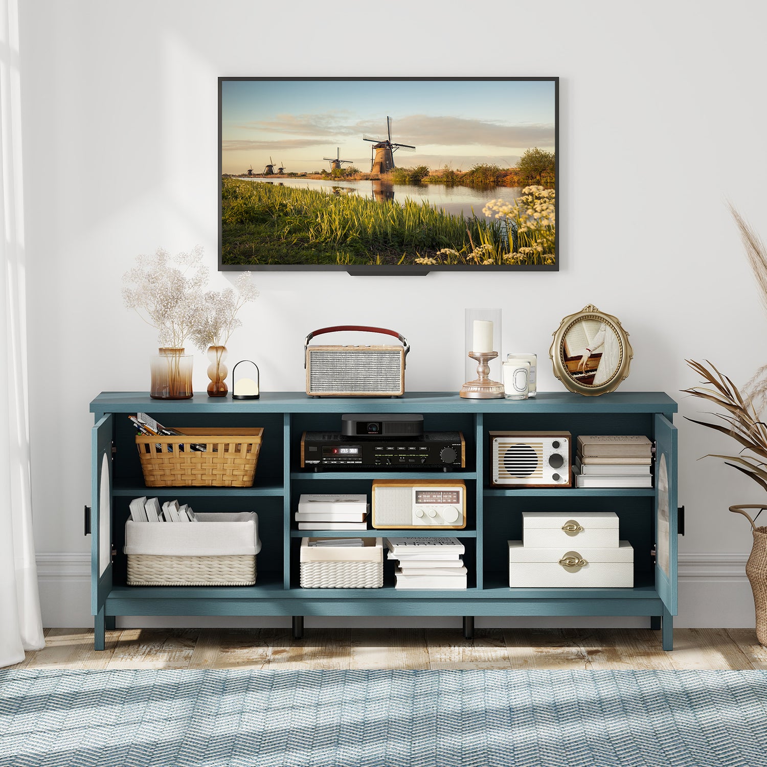 Modern Vintage TV Cabinet with Adjustable Shelves and 2 Cable Holes for TVs up to 65 Inches