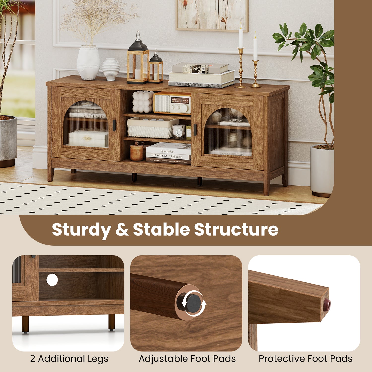 Modern Vintage TV Cabinet with Adjustable Shelves and 2 Cable Holes for TVs up to 65 Inches