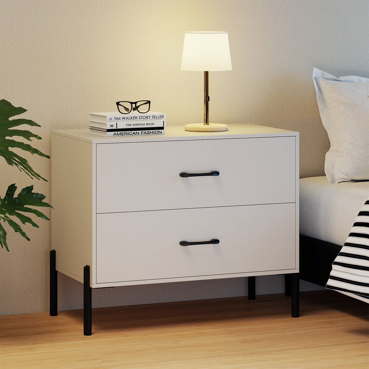 Modern Wooden 2-Drawer Nightstand with Metal Legs and Handles-White