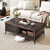 Modern Wooden Center Table with 2 Compartments and Sturdy Metal Legs for Living Room-Walnut