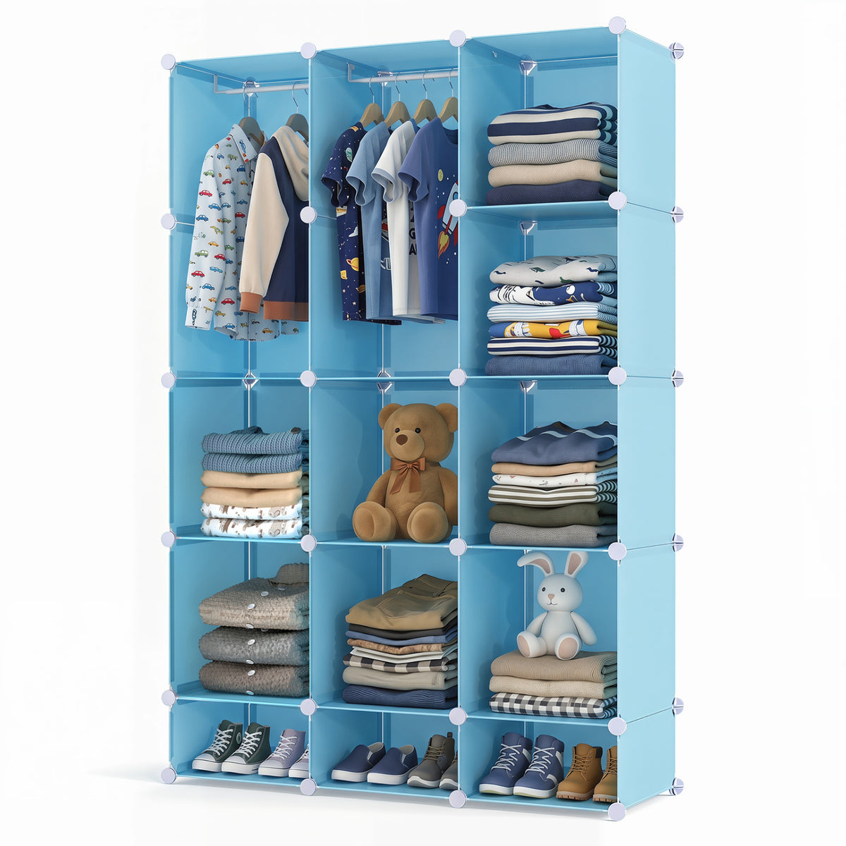 Modular Baby Wardrobe with 13 Cubes and Hanging Rod and Shelves Stackable