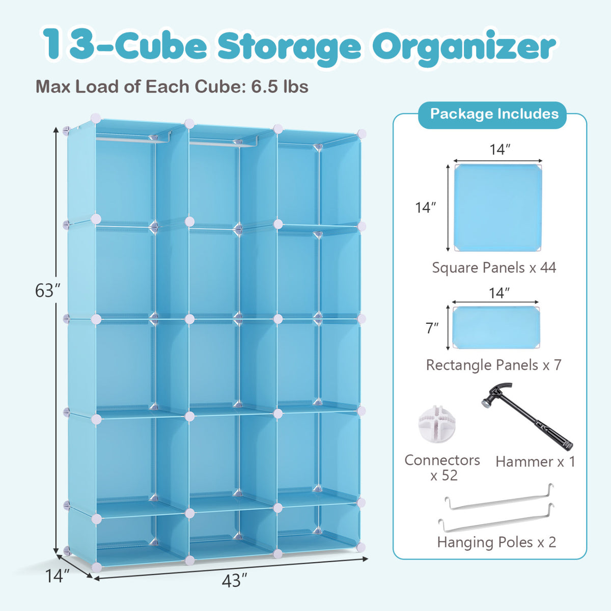 Modular Baby Wardrobe with 13 Cubes and Hanging Rod and Shelves Stackable