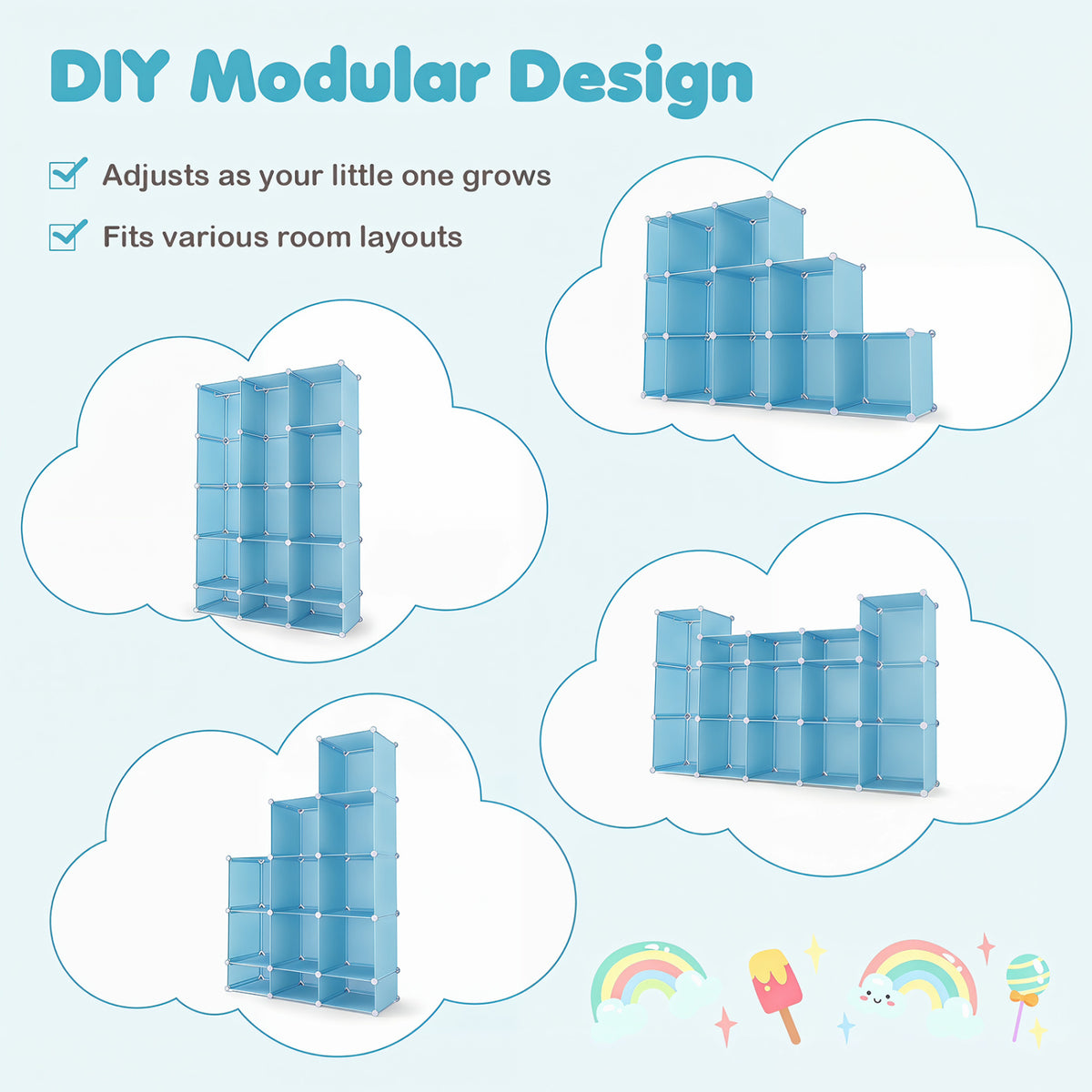 Modular Baby Wardrobe with 13 Cubes and Hanging Rod and Shelves Stackable
