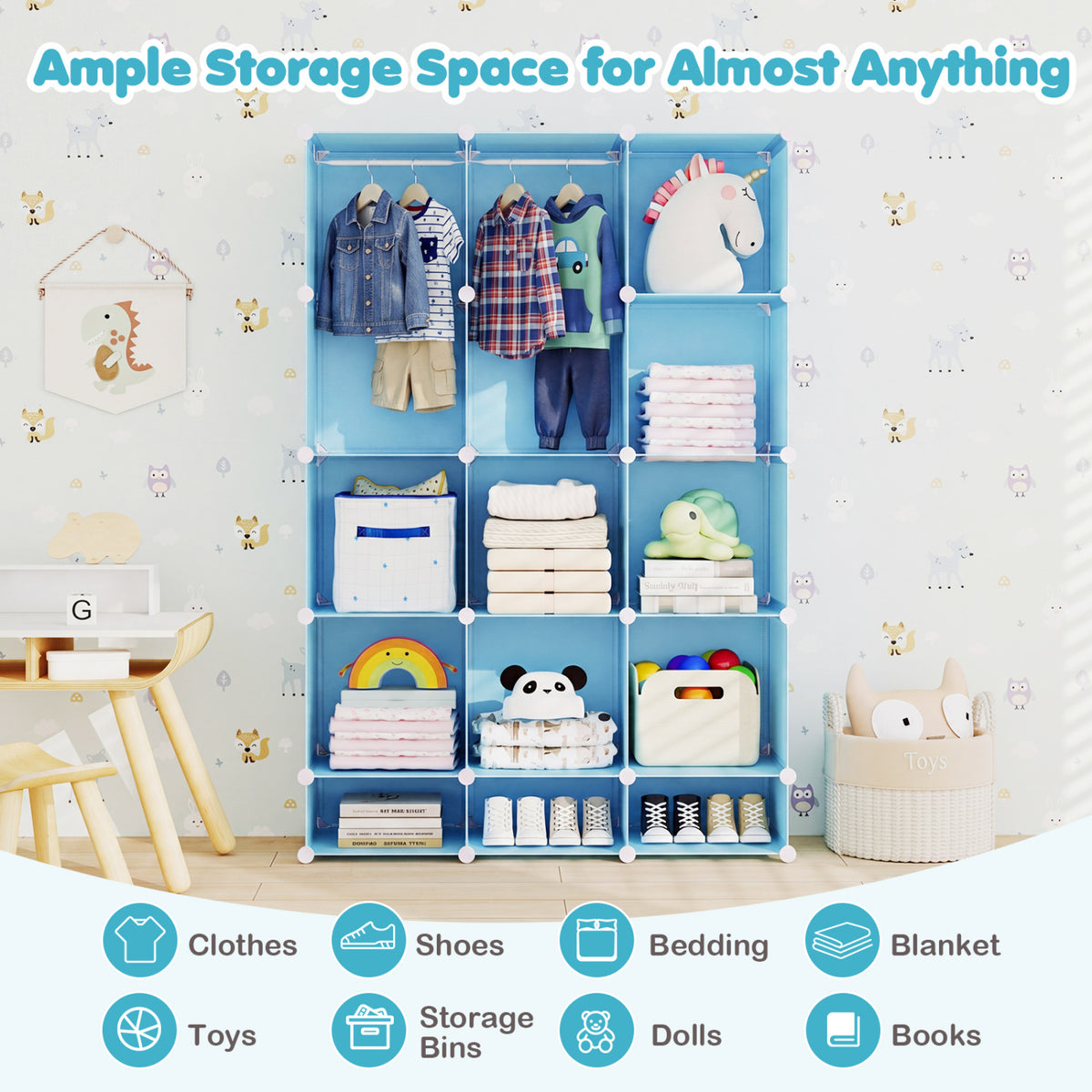 Modular Baby Wardrobe with 13 Cubes and Hanging Rod and Shelves Stackable