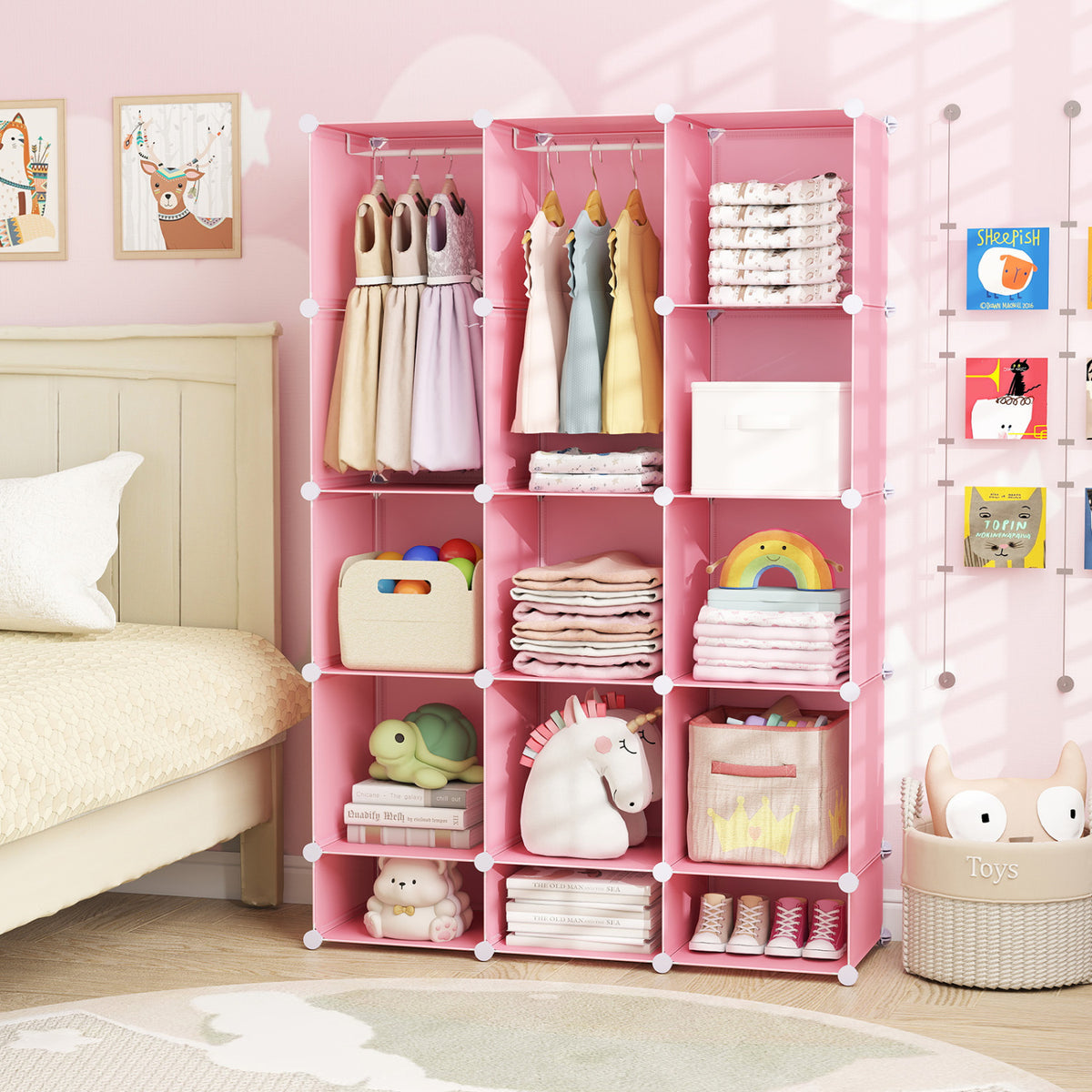 Modular Baby Wardrobe with 13 Cubes and Hanging Rod and Shelves Stackable