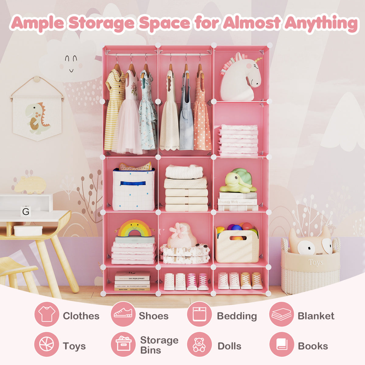 Modular Baby Wardrobe with 13 Cubes and Hanging Rod and Shelves Stackable