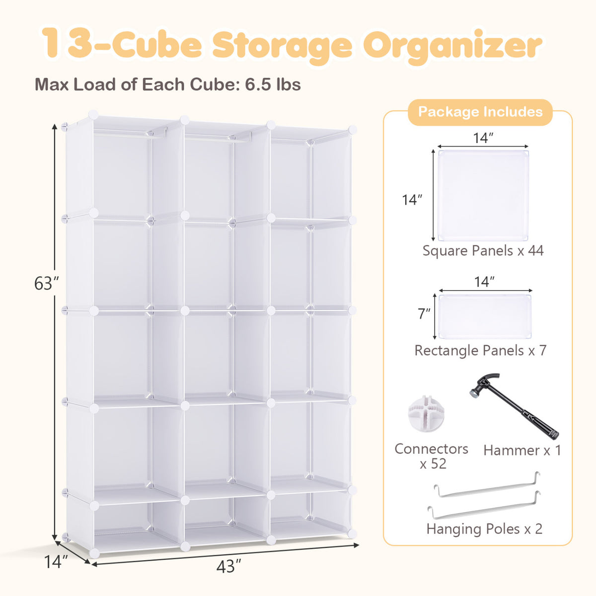 Modular Baby Wardrobe with 13 Cubes and Hanging Rod and Shelves Stackable