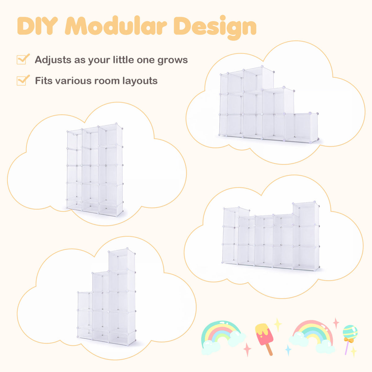 Modular Baby Wardrobe with 13 Cubes and Hanging Rod and Shelves Stackable