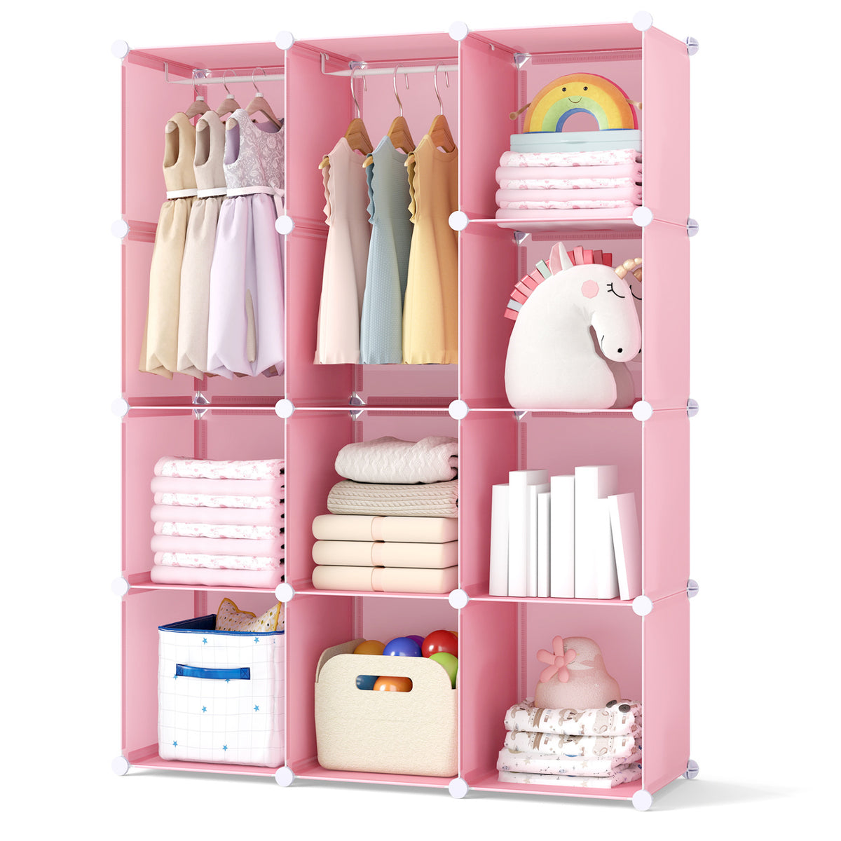 Modular Baby Wardrobe with 10 Cubes & Hanging Rod and Shelves Stackable