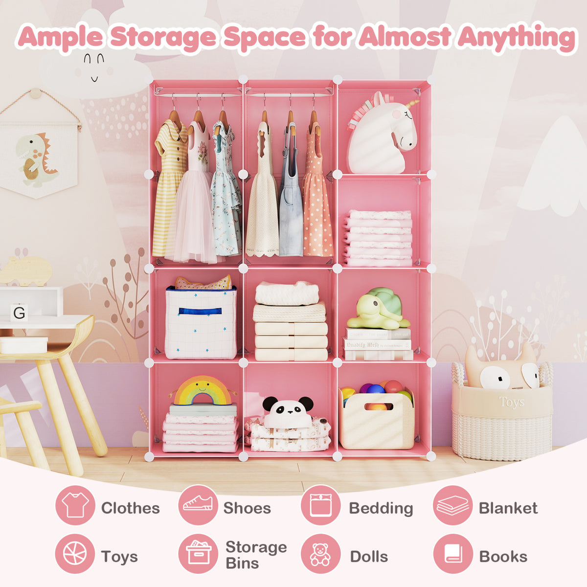 Modular Baby Wardrobe with 10 Cubes & Hanging Rod and Shelves Stackable