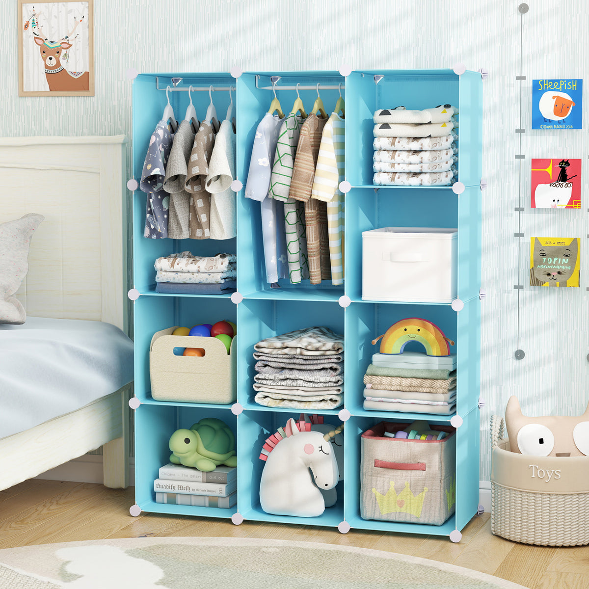 Modular Baby Wardrobe with 10 Cubes & Hanging Rod and Shelves Stackable