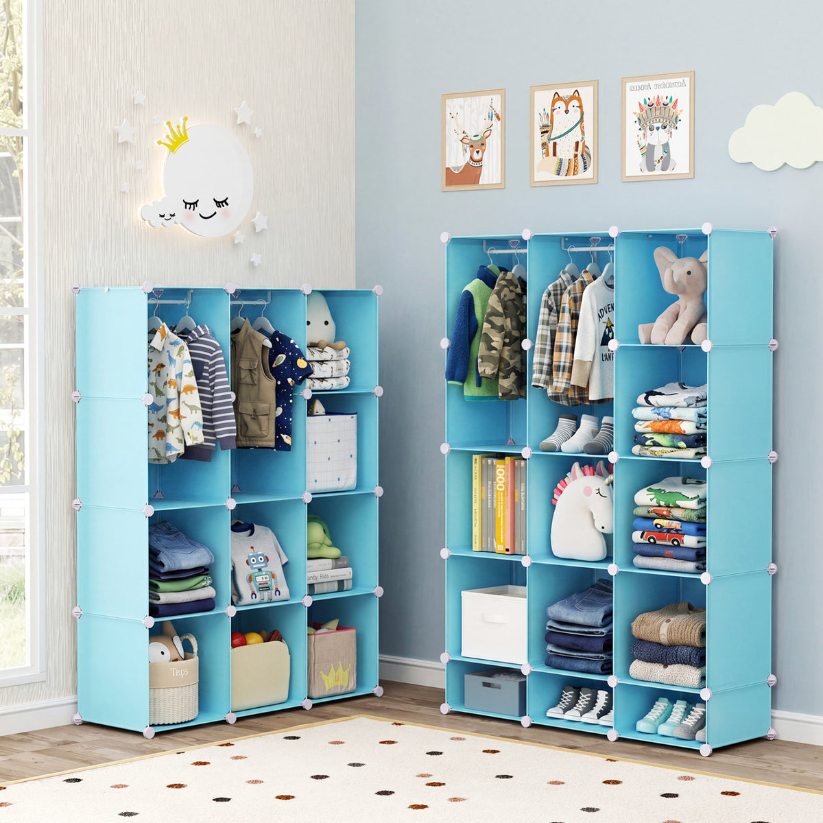 Modular Baby Wardrobe with 10 Cubes & Hanging Rod and Shelves Stackable