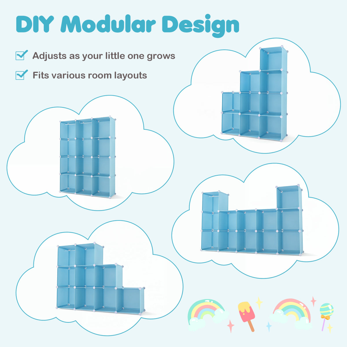 Modular Baby Wardrobe with 10 Cubes & Hanging Rod and Shelves Stackable