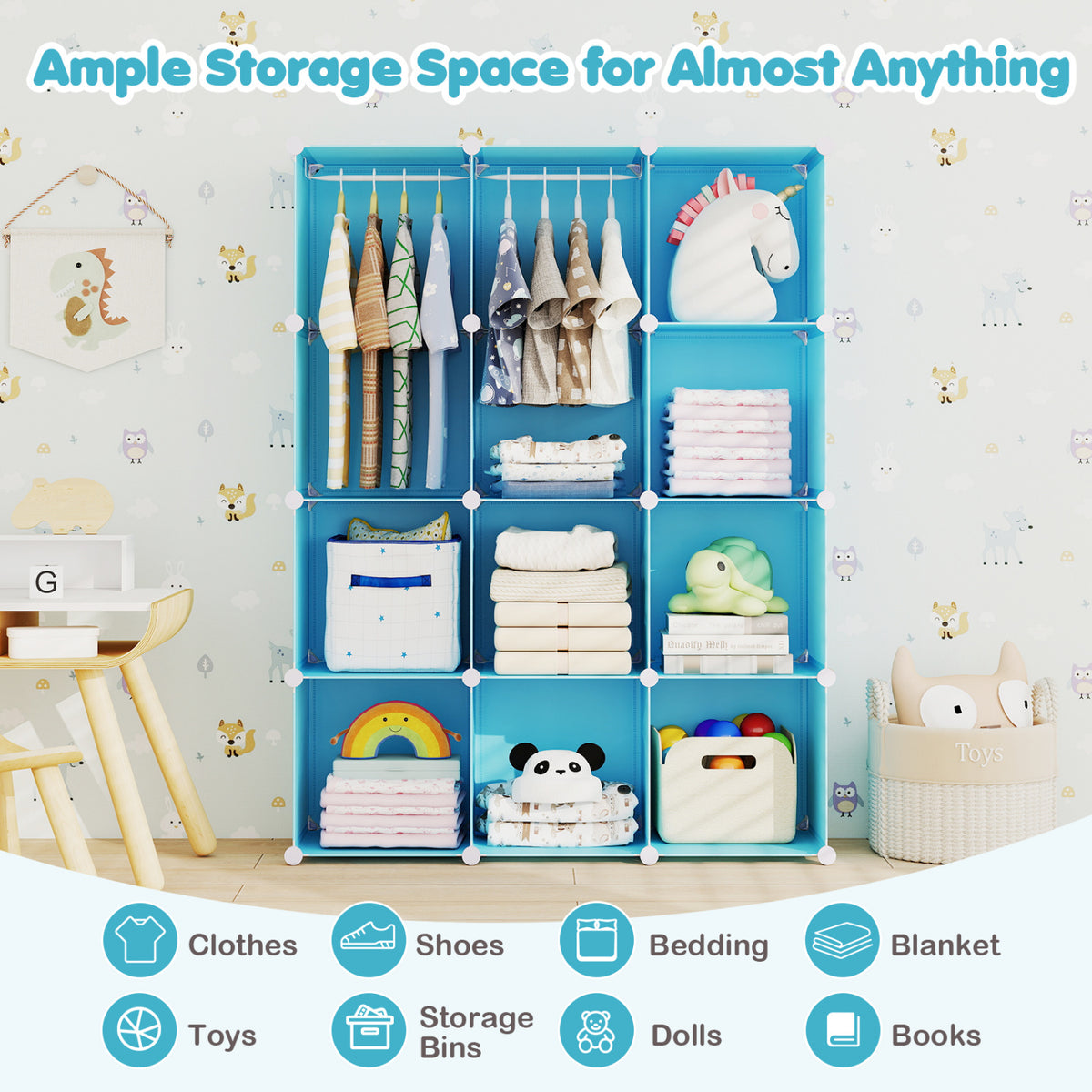 Modular Baby Wardrobe with 10 Cubes & Hanging Rod and Shelves Stackable