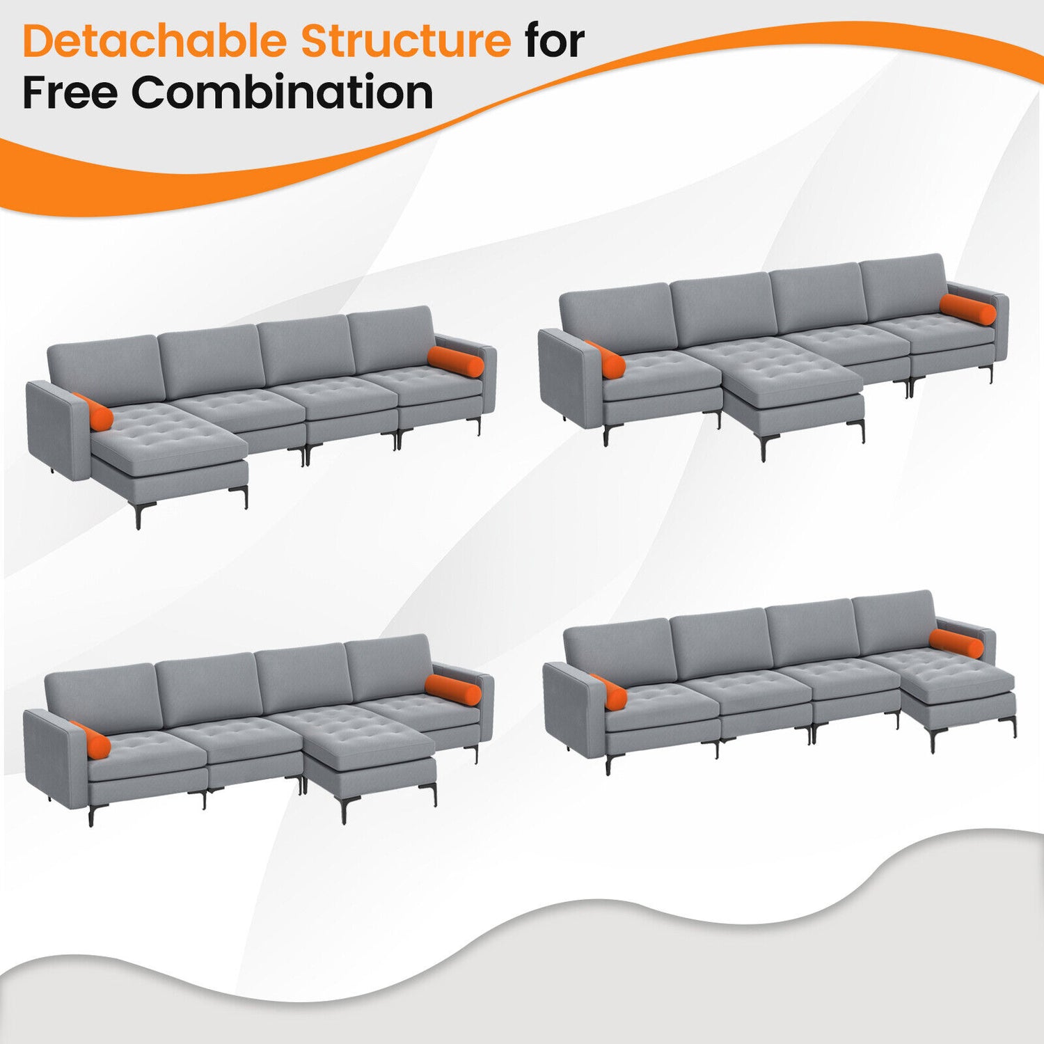 Modular L-shaped 4-Seat Sectional Sofa with Reversible Chaise and 2 USB Socket