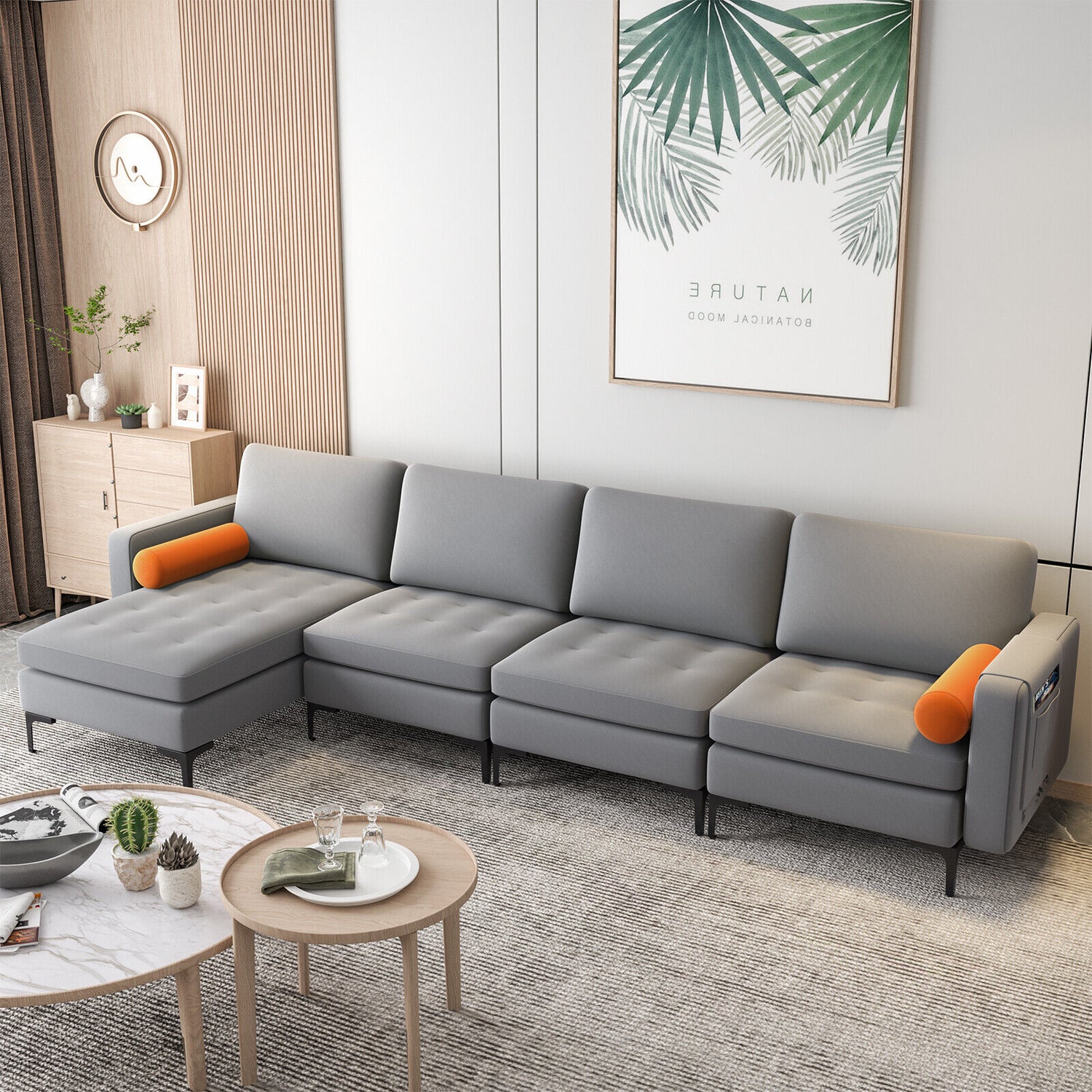 Modular L-shaped 4-Seat Sectional Sofa with Reversible Chaise and 2 USB Socket